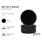 Ceramic Quarter Plates Set Of 6, Black With White Rim | Ceramic Snack Plates - Snacks Plates Set | Dessert Plates, Snack Plate - Small Plates With Glossy Finish | Microwave Safe & Chip Resistant